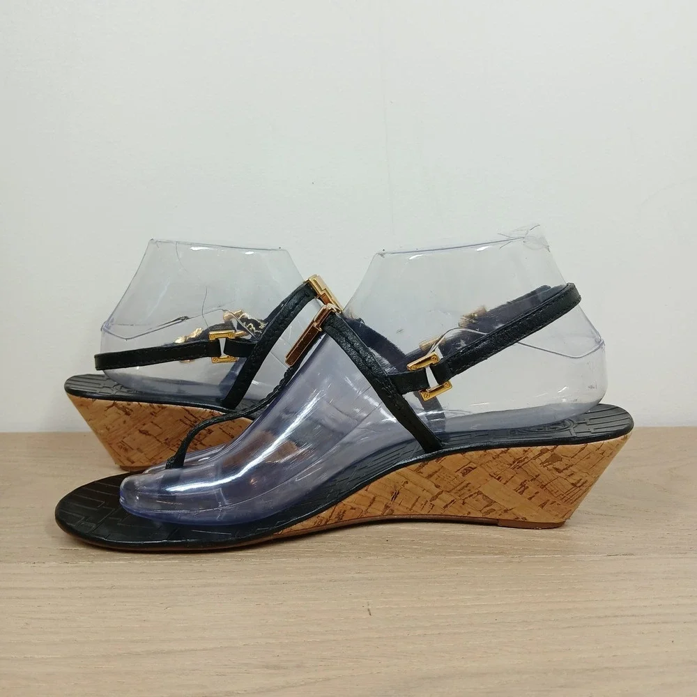 Tory Burch Sandals Women's 8.5 Black Leather Wedge Cork T Strap Thong Summer